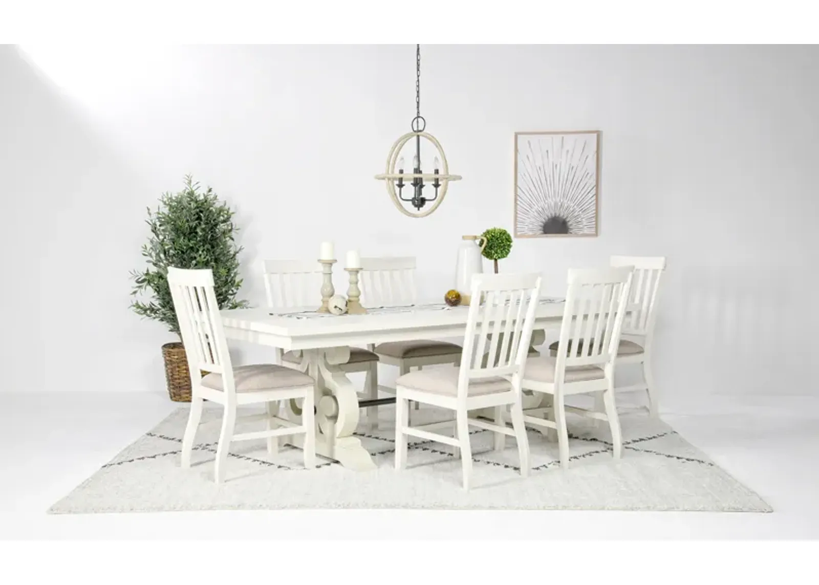 Stone Extendable Dining Table & 6 Chairs in White, Upholstered Slat