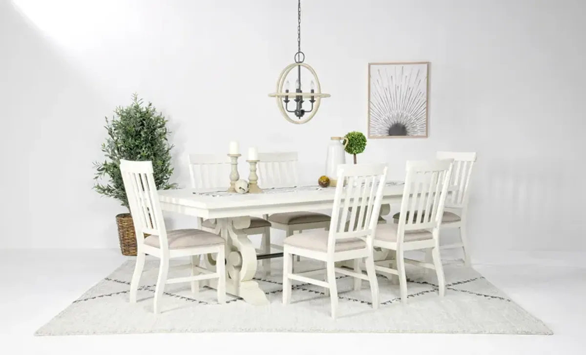 Stone Extendable Dining Table & 6 Chairs in White, Upholstered Slat