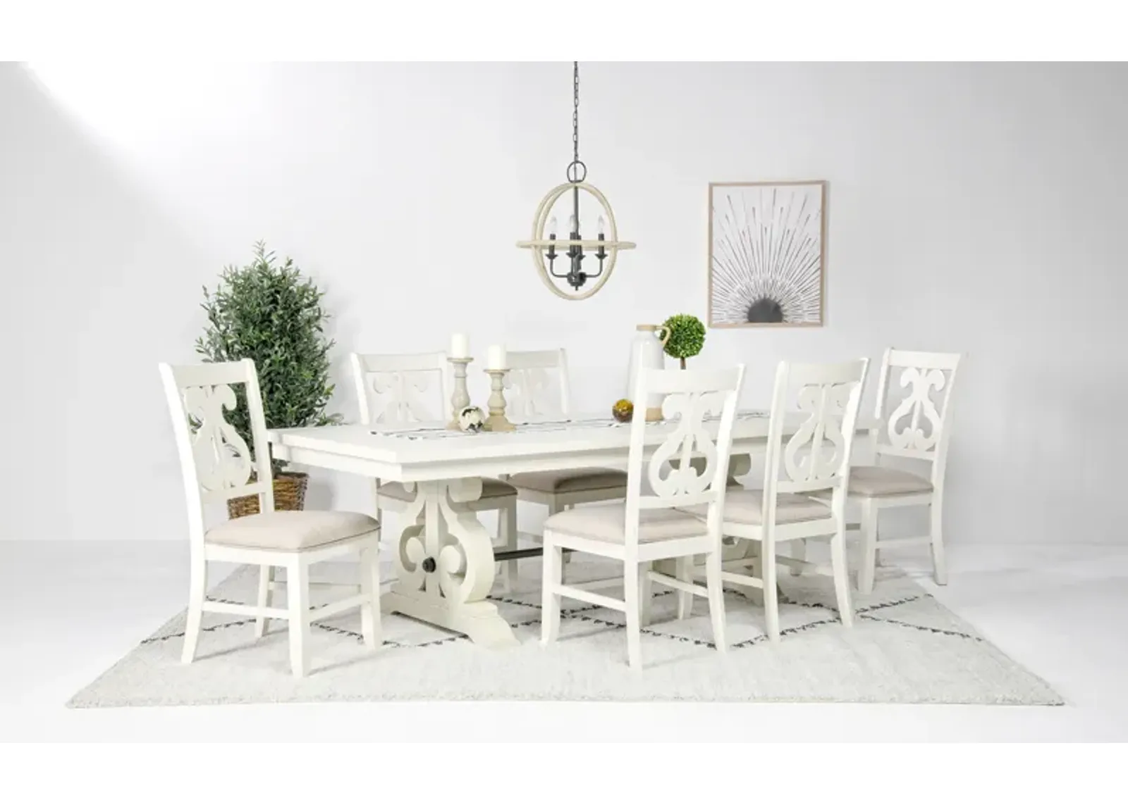 Stone Extendable Dining Table & 6 Chairs in White, Upholstered Harp