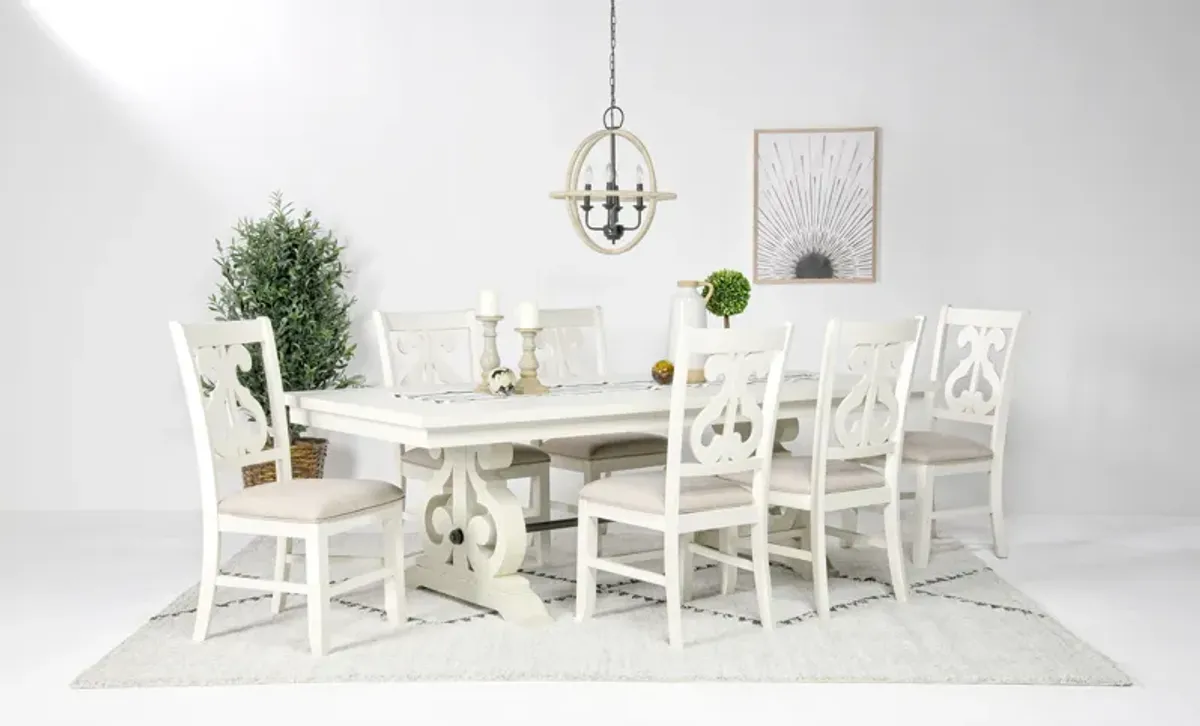 Stone Extendable Dining Table & 6 Chairs in White, Upholstered Harp