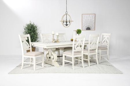 Stone Extendable Dining Table & 6 Chairs in White, Upholstered Harp