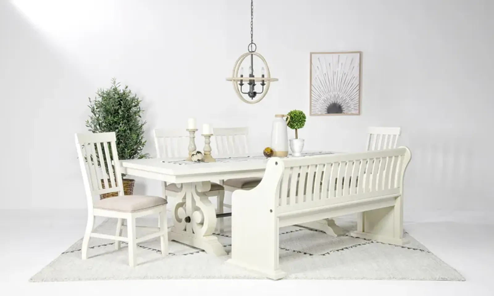 Stone Extendable Dining Table, 4 Chairs & Bench w/ Storage in White, Upholstered Slat