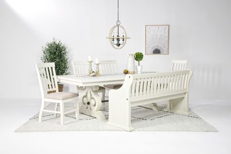 Stone Extendable Dining Table, 4 Chairs & Bench w/ Storage in White, Upholstered Slat