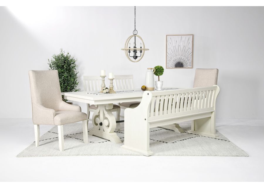 Stone Extendable Dining Table, 2 Arm Chairs, 2 Side Chairs & Bench w/ Storage in White, Upholstered Slat