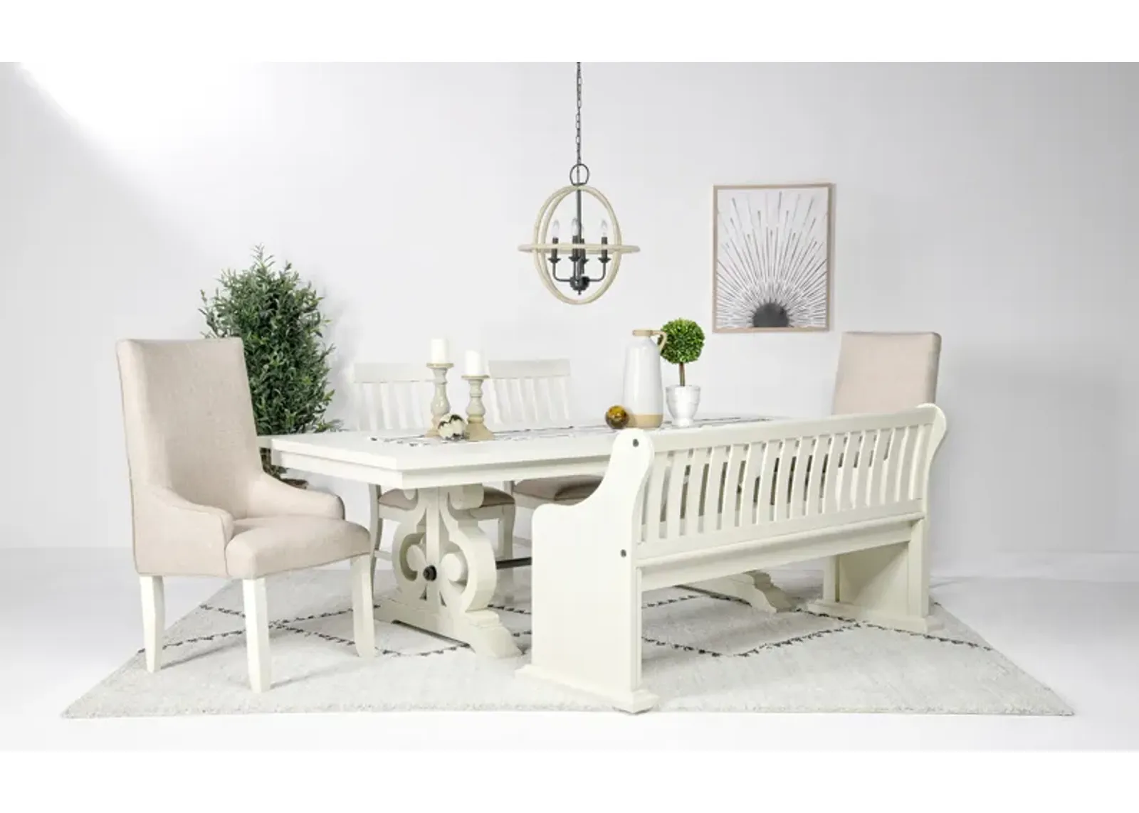 Stone Extendable Dining Table, 2 Arm Chairs, 2 Side Chairs & Bench w/ Storage in White, Upholstered Slat