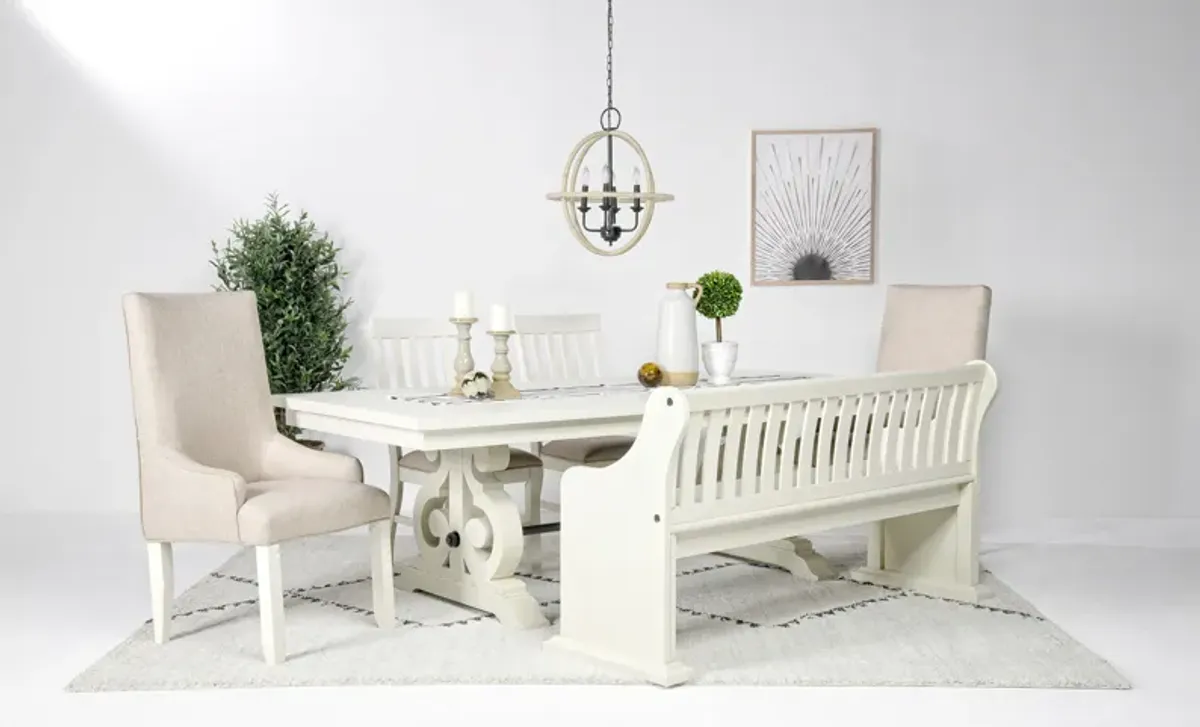 Stone Extendable Dining Table, 2 Arm Chairs, 2 Side Chairs & Bench w/ Storage in White, Upholstered Slat