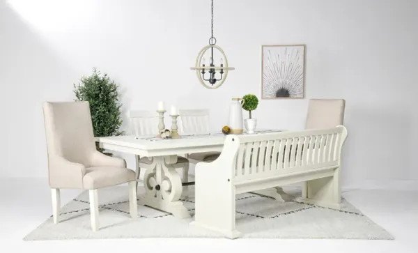 Stone Extendable Dining Table, 2 Arm Chairs, 2 Side Chairs & Bench w/ Storage in White, Upholstered Slat