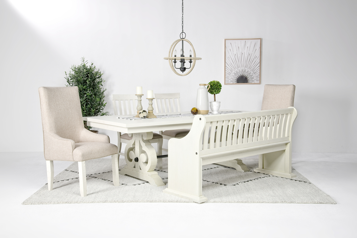 Stone Extendable Dining Table, 2 Arm Chairs, 2 Side Chairs & Bench w/ Storage in White, Upholstered Slat