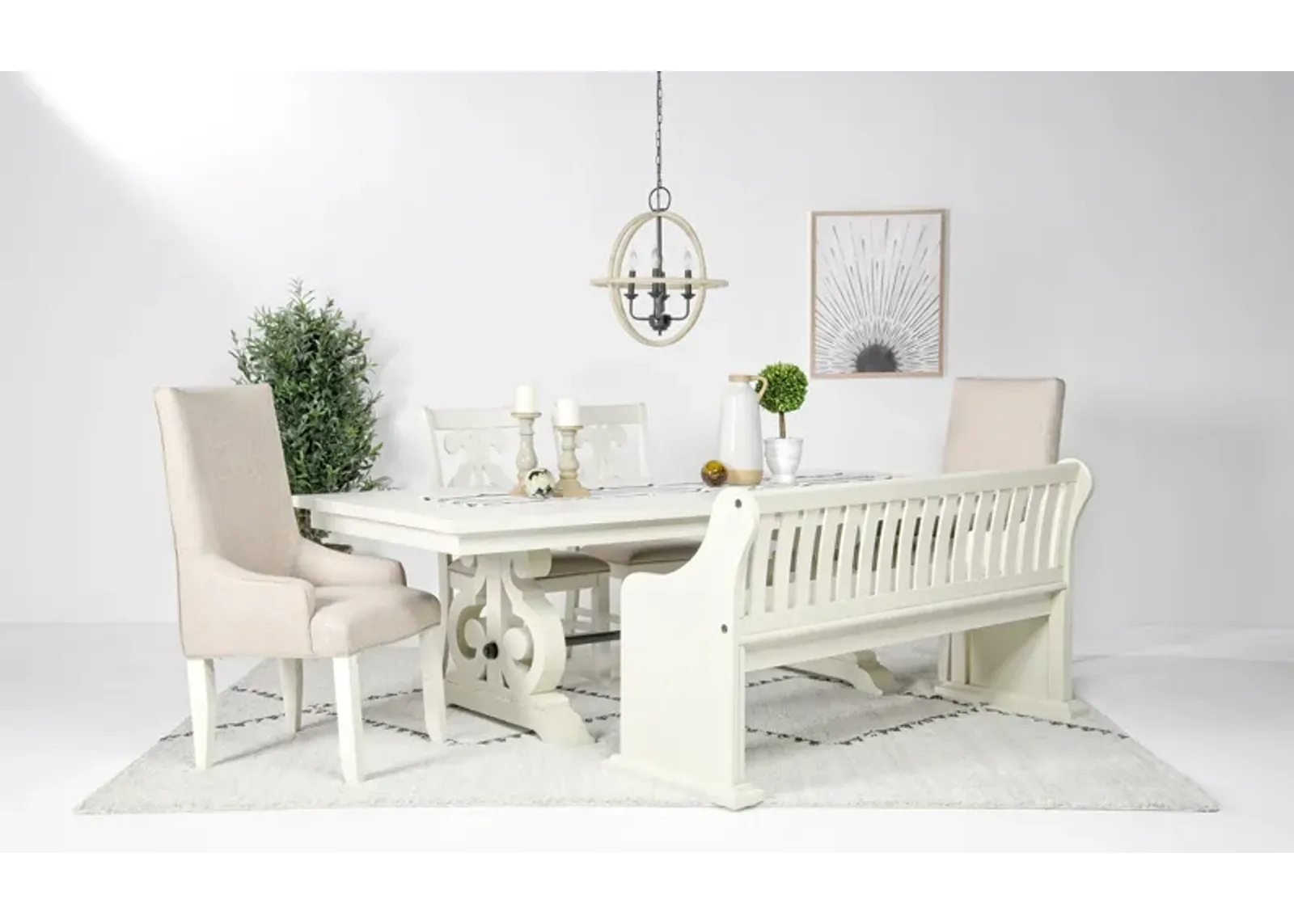 Stone Extendable Dining Table, 2 Arm Chairs, 2 Side Chairs & Bench w/ Storage in White, Upholstered Harp