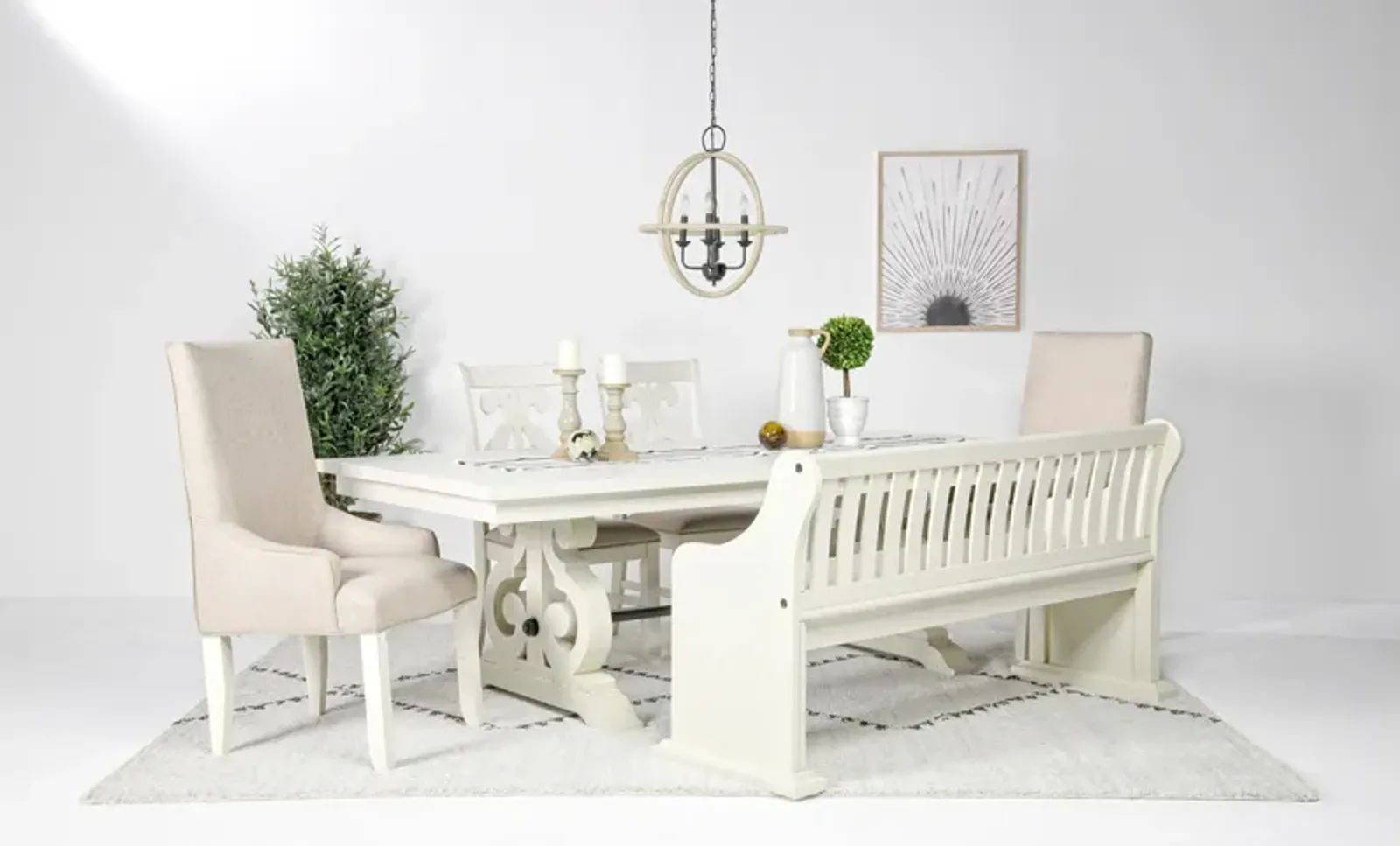 Stone Extendable Dining Table, 2 Arm Chairs, 2 Side Chairs & Bench w/ Storage in White, Upholstered Harp