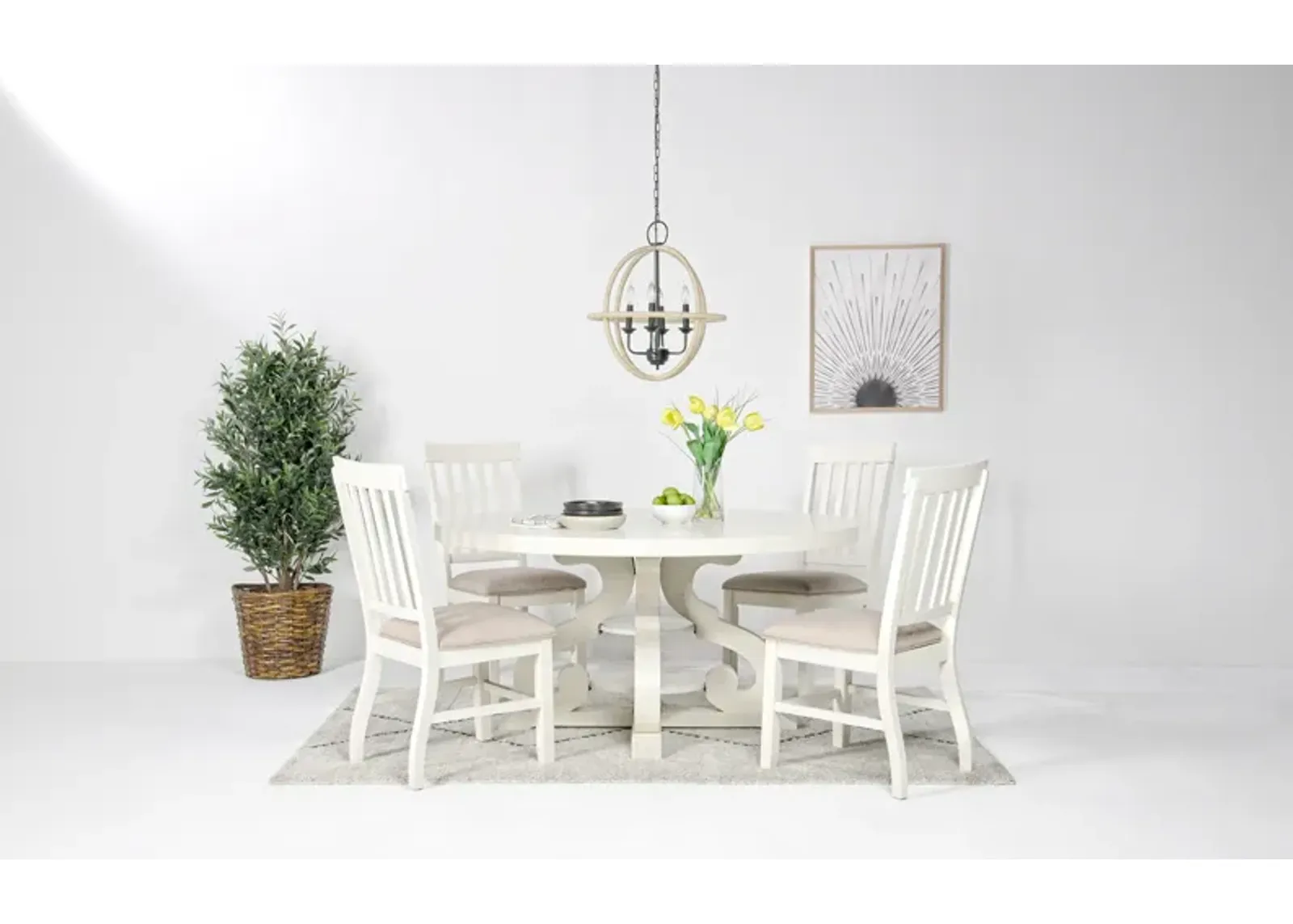 Stone Round Dining Table & 4 Chairs in White, Upholstered Slat