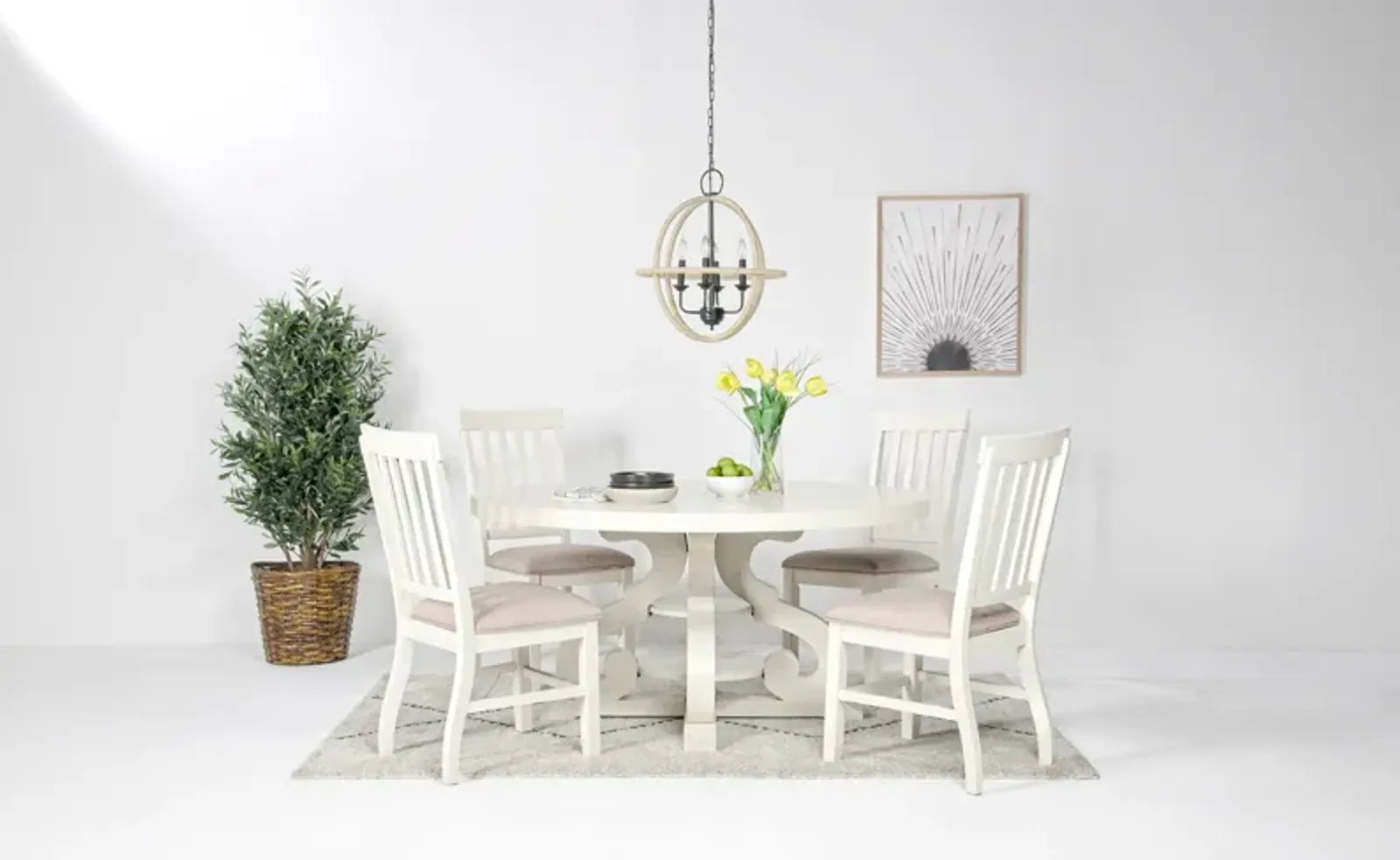 Stone Round Dining Table & 4 Chairs in White, Upholstered Slat