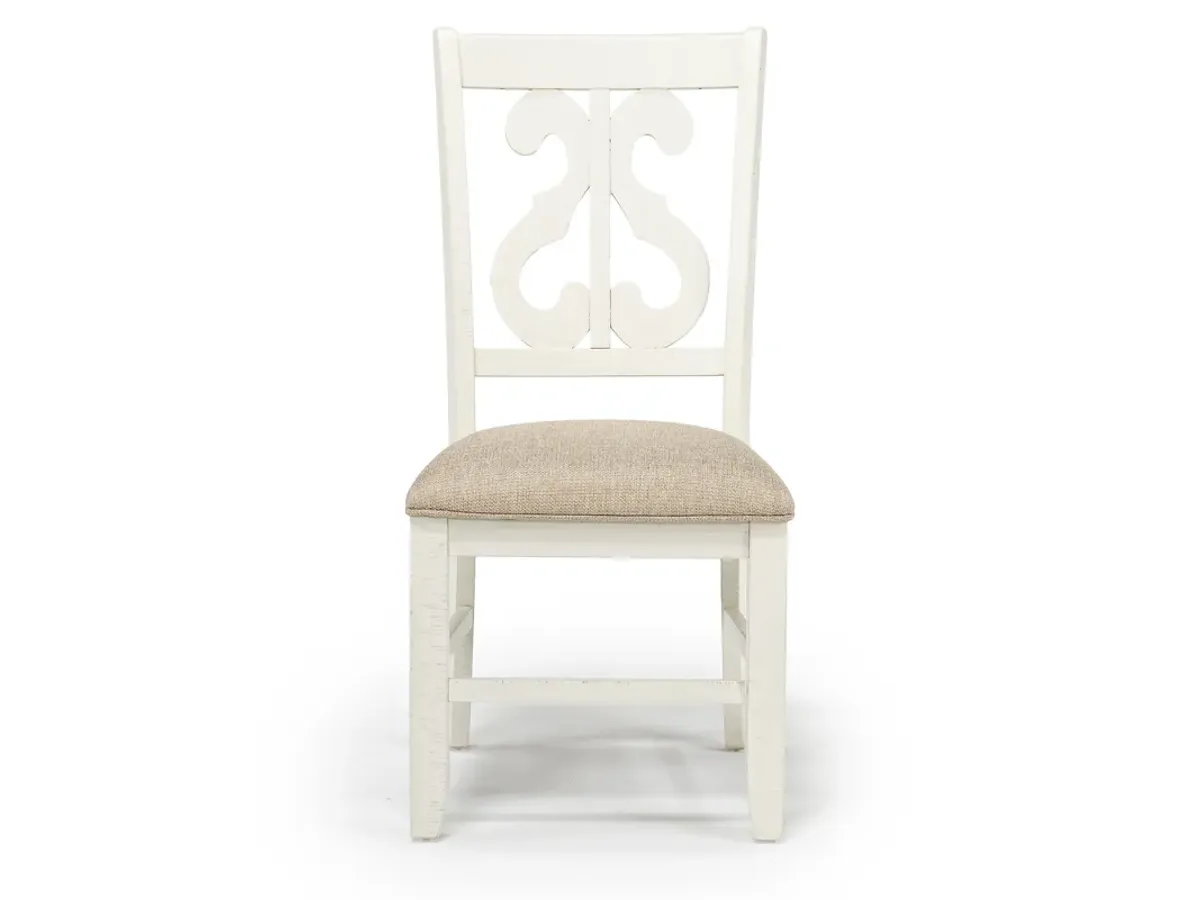 Stone Round Dining Table & 4 Chairs in White, Upholstered Harp