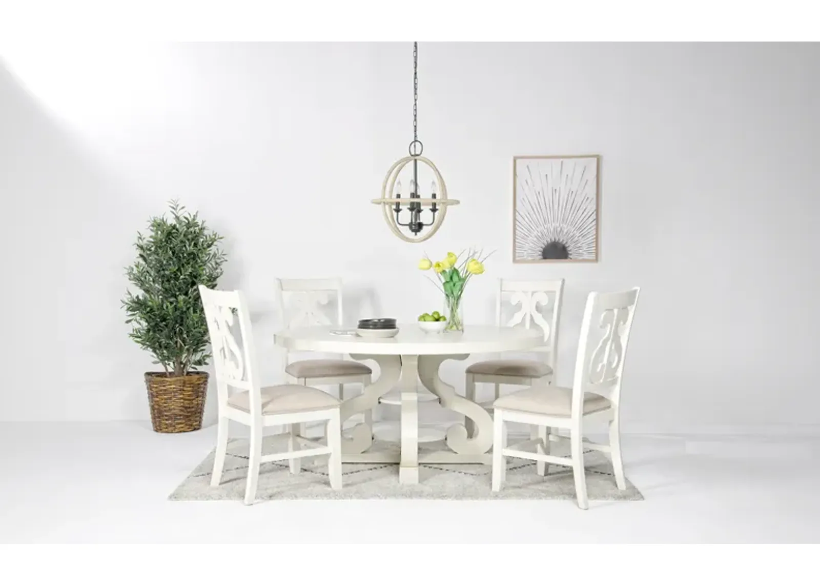 Stone Round Dining Table & 4 Chairs in White, Upholstered Harp