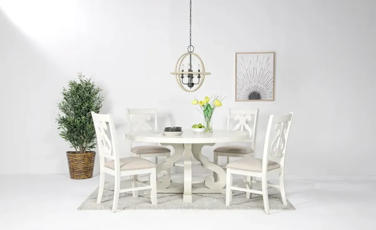 Stone Round Dining Table & 4 Chairs in White, Upholstered Harp