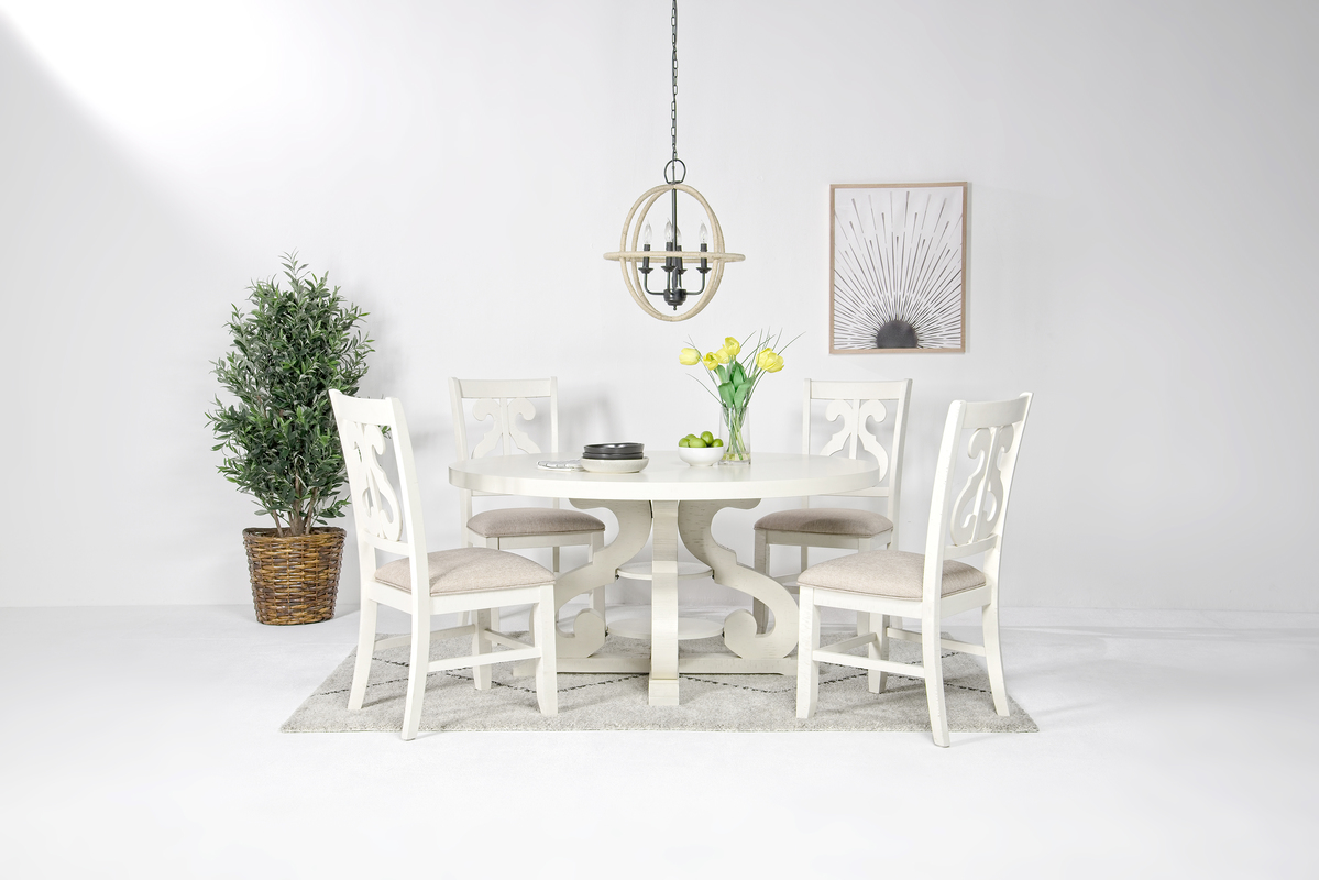 Stone Round Dining Table & 4 Chairs in White, Upholstered Harp