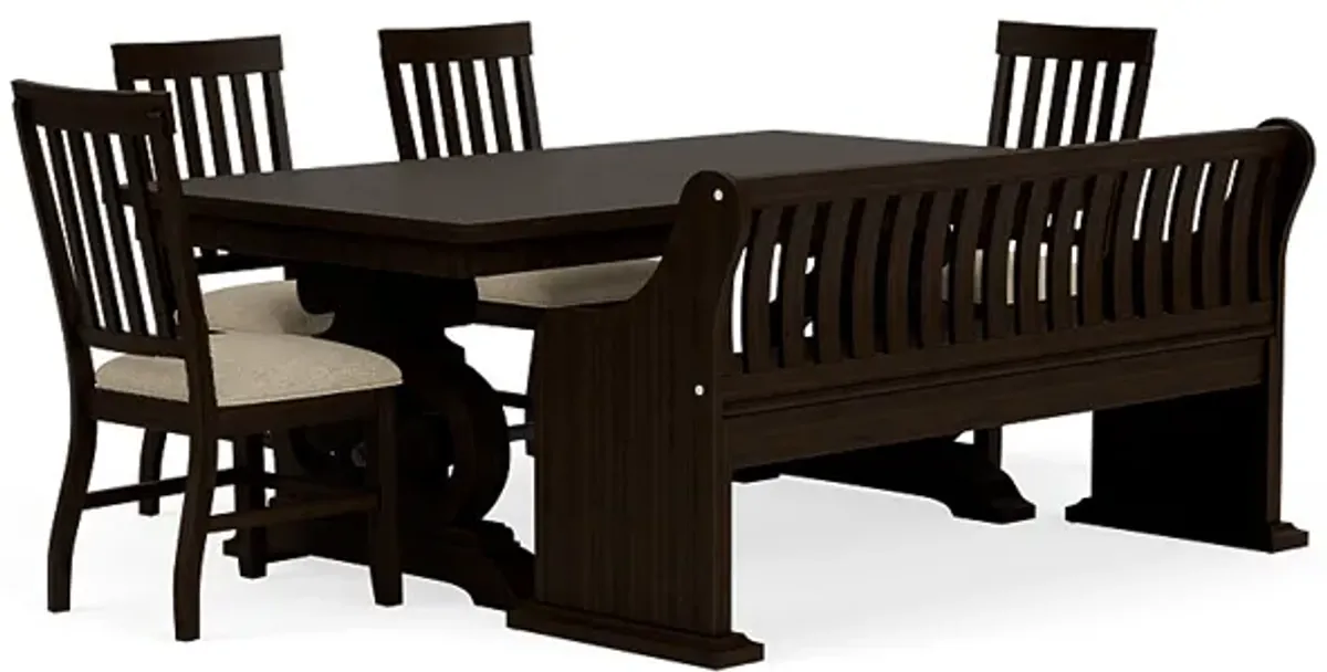 Stone Extendable Dining Table, 4 Chairs & Bench w/ Storage in Charcoal, Upholstered Slat