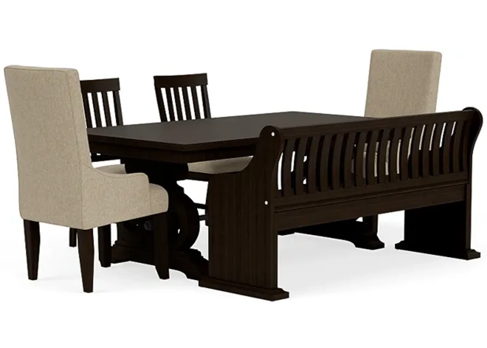 Stone Extendable Dining Table, 2 Arm Chairs, 2 Side Chairs & Bench w/ Storage in Charcoal, Upholstered Slat