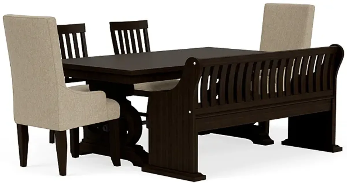 Stone Extendable Dining Table, 2 Arm Chairs, 2 Side Chairs & Bench w/ Storage in Charcoal, Upholstered Slat