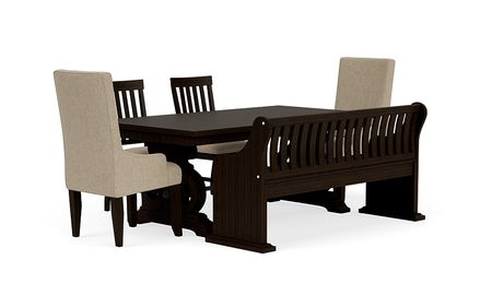 Stone Extendable Dining Table, 2 Arm Chairs, 2 Side Chairs & Bench w/ Storage in Charcoal, Upholstered Slat