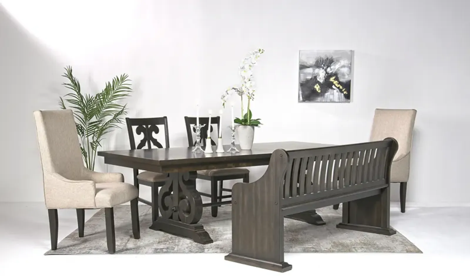 Stone Extendable Dining Table, 2 Arm Chairs, 2 Side Chairs & Bench w/ Storage in Charcoal, Upholstered Harp