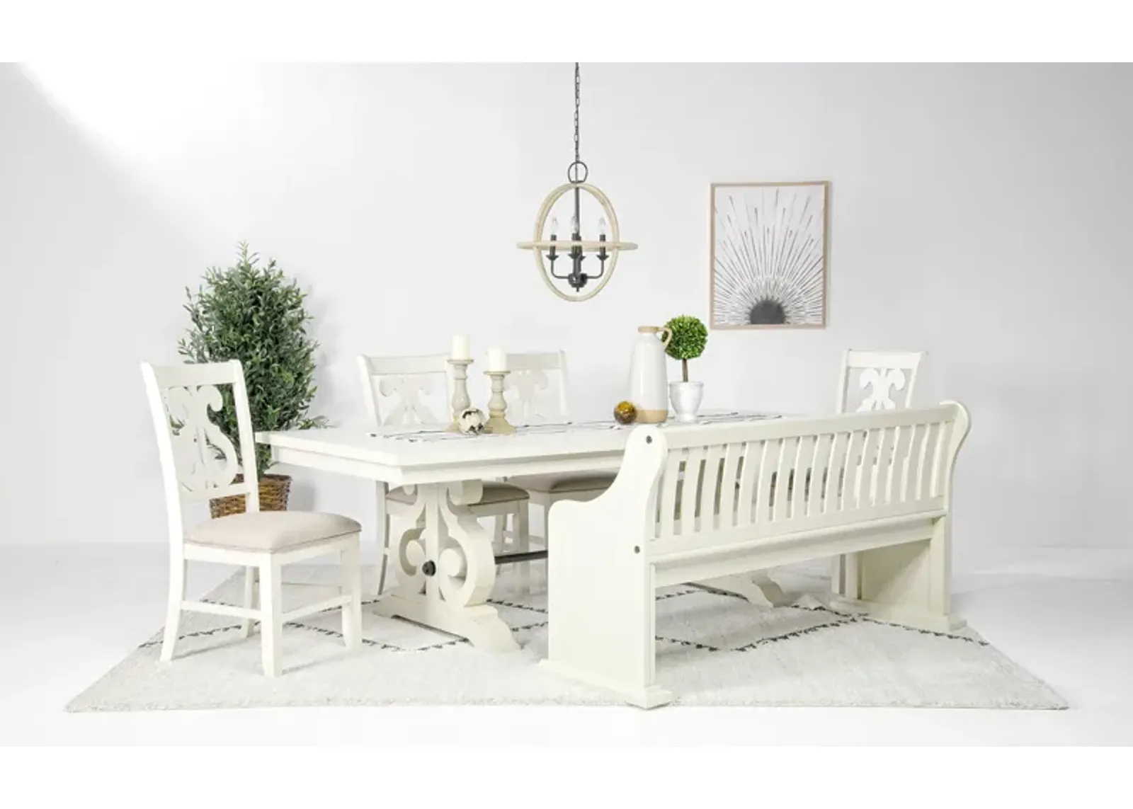 Stone Extendable Dining Table, 4 Side Chairs & Bench w/ Storage in White, Upholstered Harp