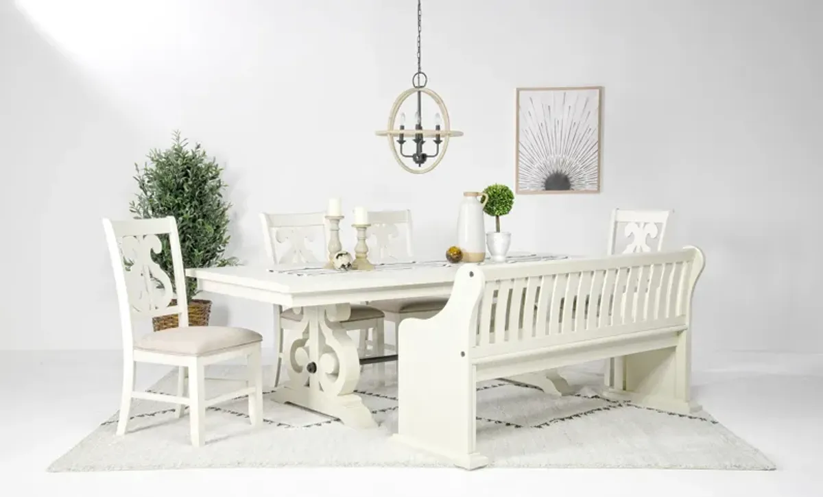 Stone Extendable Dining Table, 4 Side Chairs & Bench w/ Storage in White, Upholstered Harp