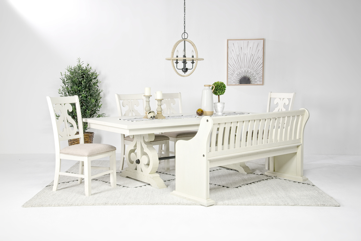 Stone Extendable Dining Table, 4 Side Chairs & Bench w/ Storage in White, Upholstered Harp