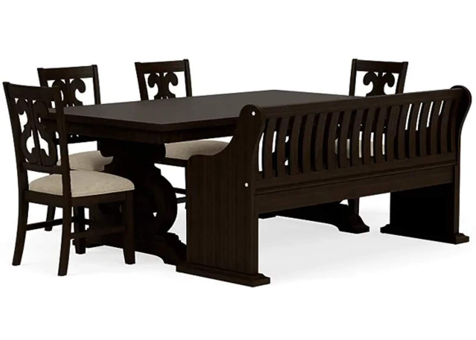 Stone Extendable Dining Table, 4 Side Chairs & Bench w/ Storage in Charcoal, Upholstered Harp