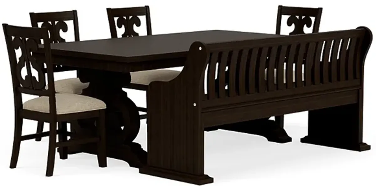 Stone Extendable Dining Table, 4 Side Chairs & Bench w/ Storage in Charcoal, Upholstered Harp