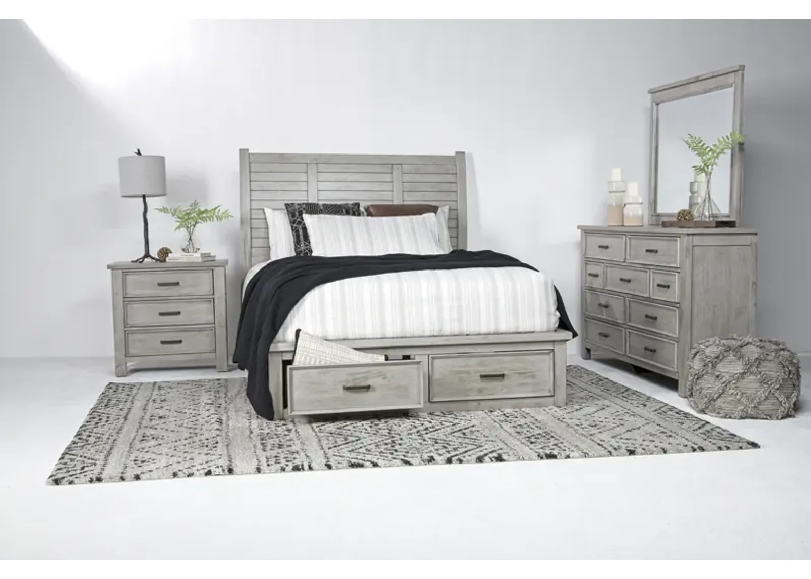 Sullivan Panel Bed w/ Storage, Dresser & Mirror in Drift Gray, Queen