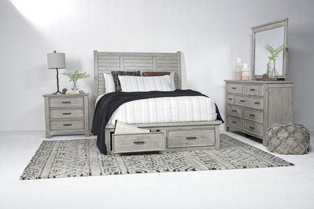 Sullivan Panel Bed w/ Storage, Dresser, Mirror & Nightstand in Drift Gray, Queen