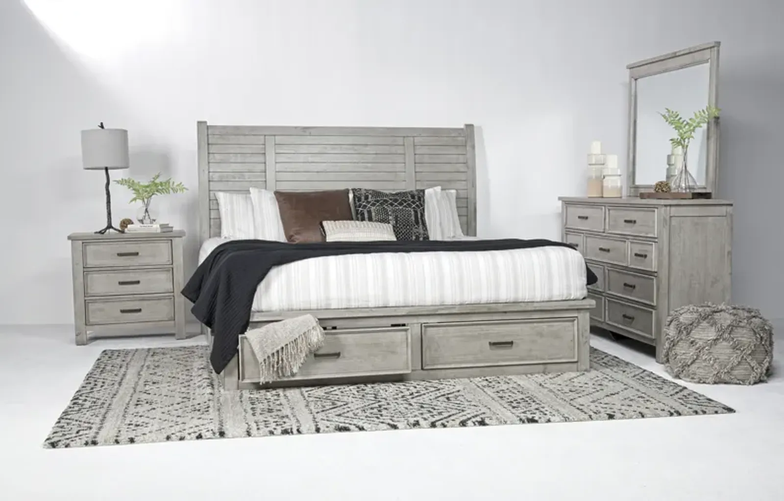 Sullivan Panel Bed w/ Storage, Dresser & Mirror in Drift Gray, Eastern King