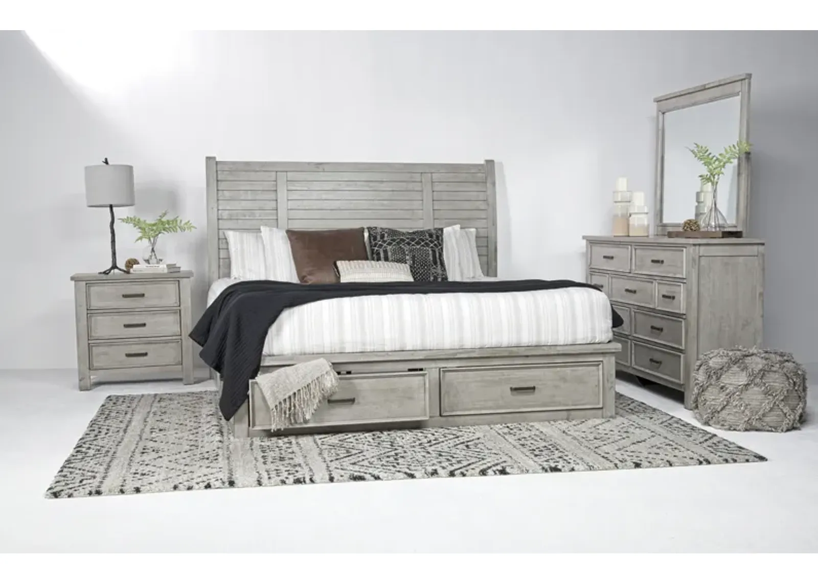 Sullivan Panel Bed w/ Storage, Dresser, Mirror & Nightstand in Drift Gray, Eastern King