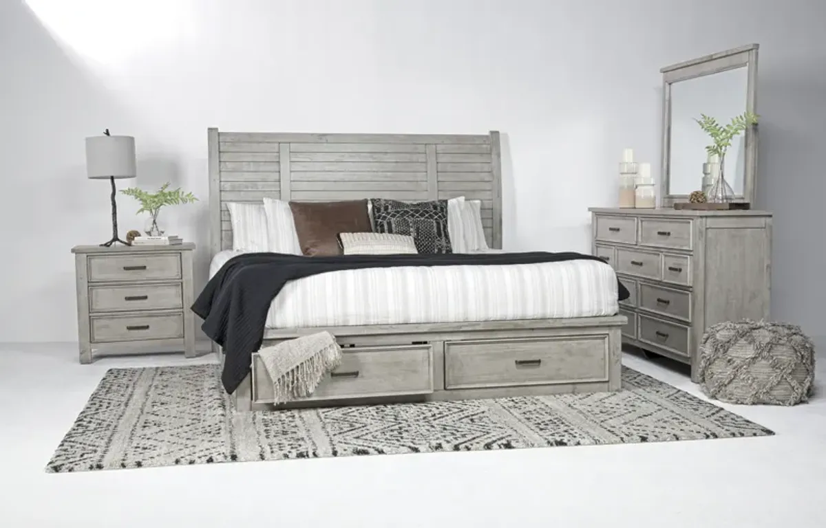 Sullivan Panel Bed w/ Storage, Dresser, Mirror & Nightstand in Drift Gray, Eastern King