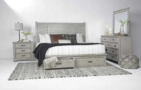 Sullivan Panel Bed w/ Storage, Dresser, Mirror & Nightstand in Drift Gray, Eastern King