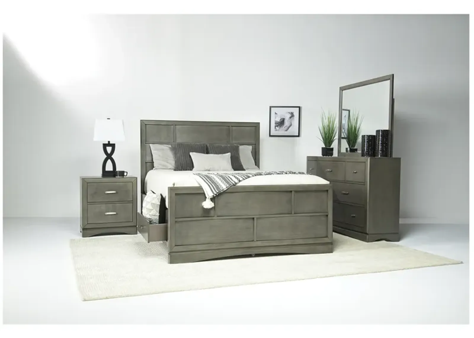 Ontario Panel Bed w/ Storage, Dresser, Mirror & Nightstand in Gray, Eastern King