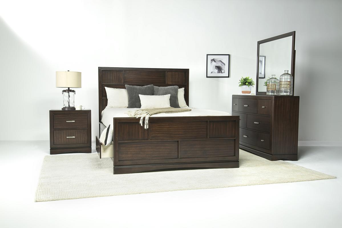 Ontario Panel Bed w/ Storage, Dresser, Mirror & Nightstand in Brown, CA King