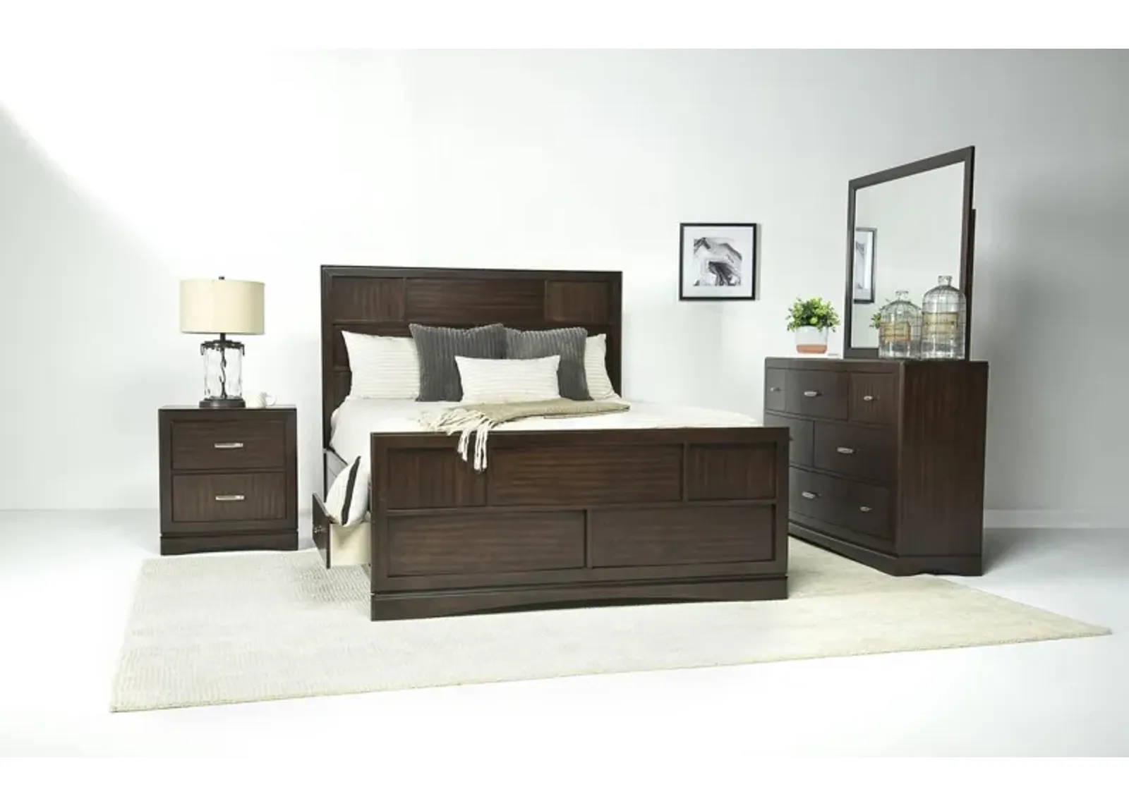 Ontario Panel Bed w/ Storage, Dresser, Mirror & Nightstand in Brown, Queen