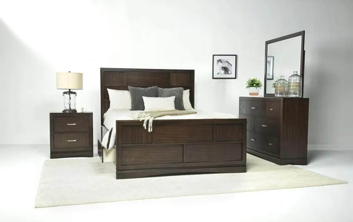 Ontario Panel Bed w/ Storage, Dresser, Mirror & Nightstand in Brown, Queen