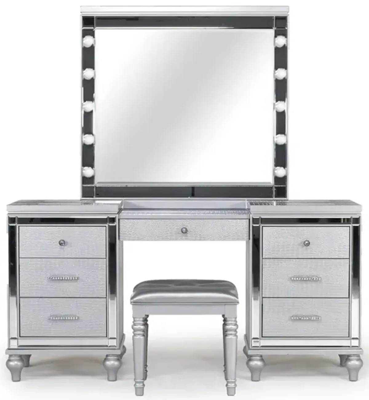 Valentino Vanity, Mirror & Stool in Silver