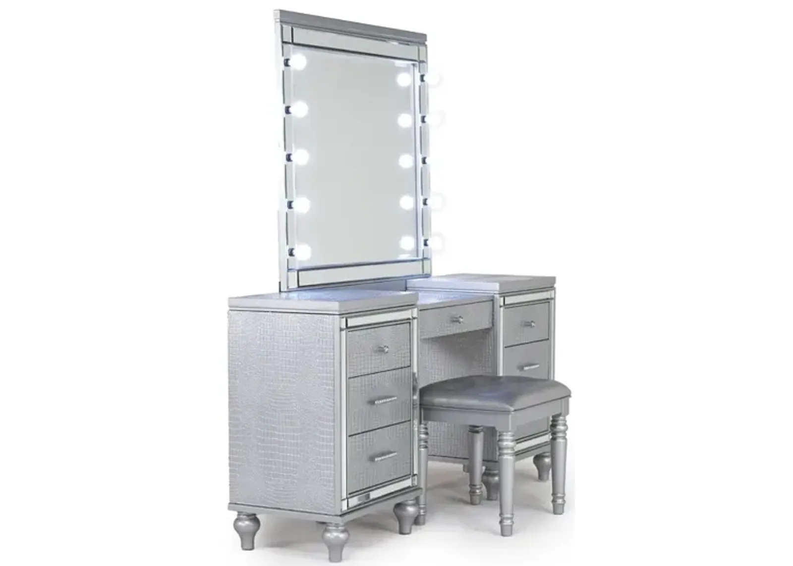 Valentino Vanity, Mirror & Stool in Silver