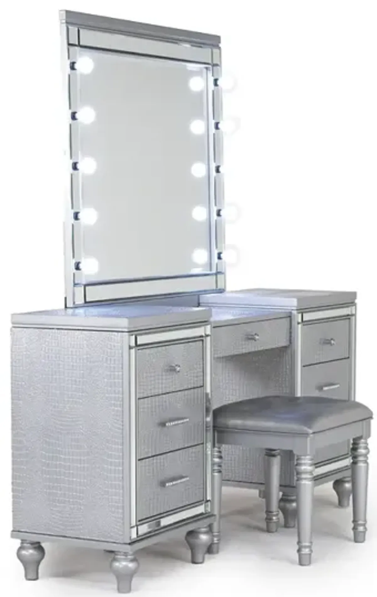 Valentino Vanity, Mirror & Stool in Silver