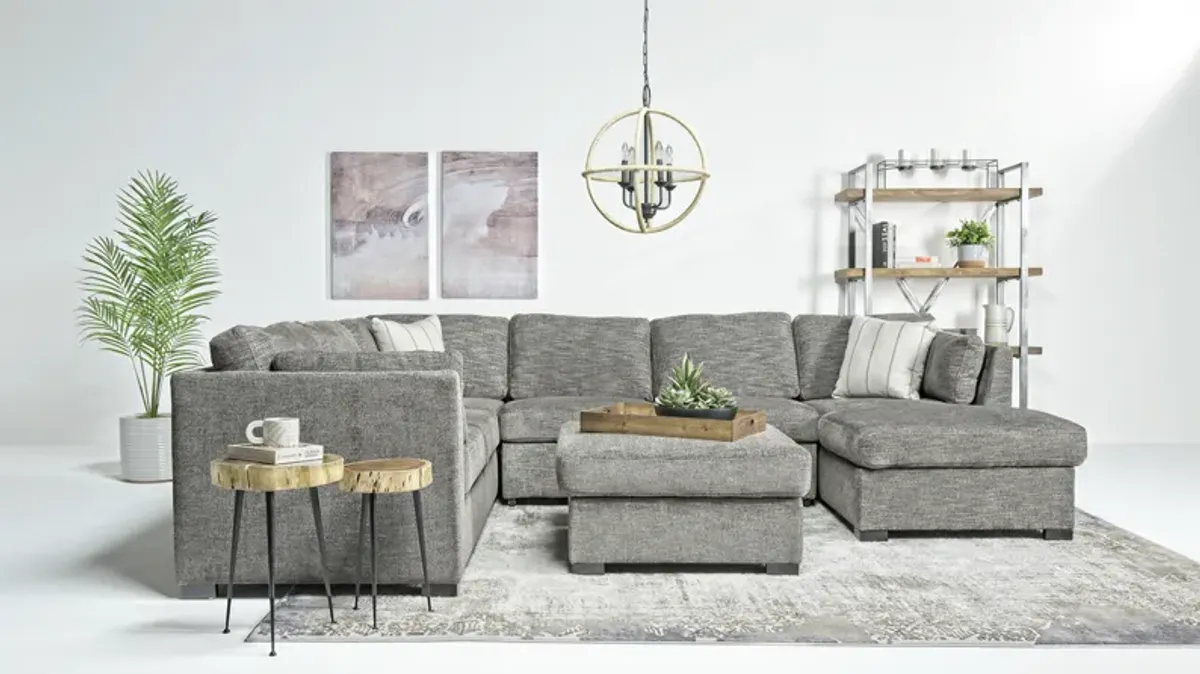 Vivian Full Pullout Tux Chaise Sectional in Gray Fabric, Right Facing