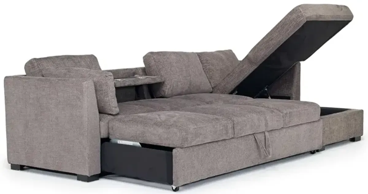 Vivian Queen Pullout Sofa Tux Chaise Sectional w/ Drop Table in Handwoven Pewter, Right Facing