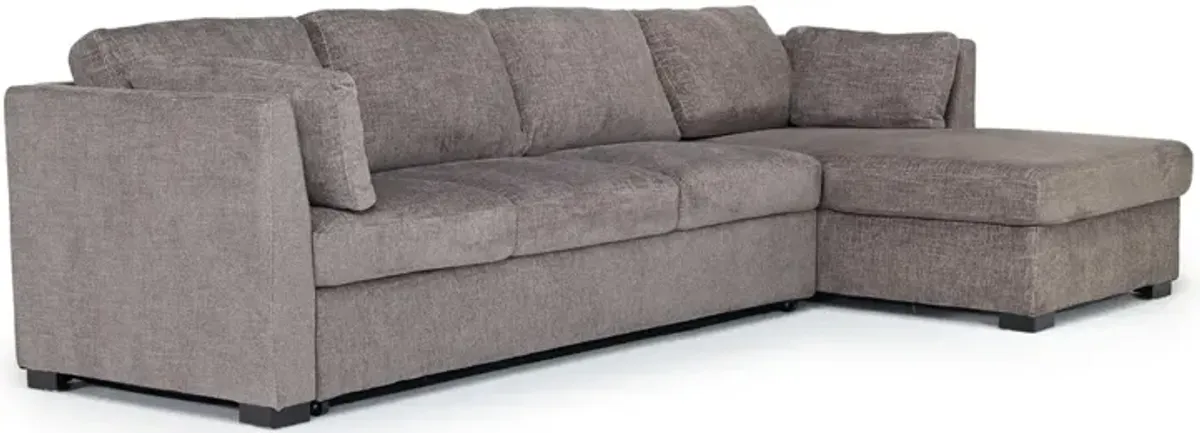 Vivian Queen Pullout Sofa Tux Chaise Sectional w/ Drop Table in Handwoven Pewter, Right Facing