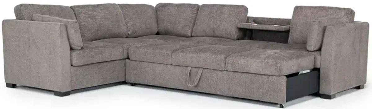 Vivian Storage Sleeper Sofa Sectional w/ Drop Table In Handwoven Pewter, Right Facing