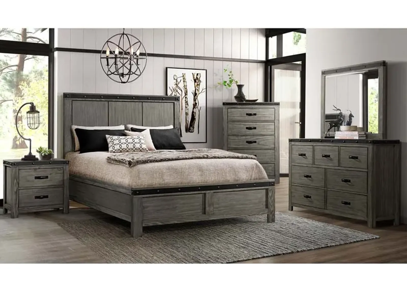 Wade Panel Bed, Dresser & Mirror in Gray, Queen