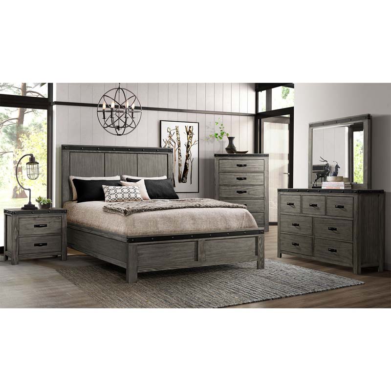 Wade Panel Bed, Dresser & Mirror in Gray, Queen