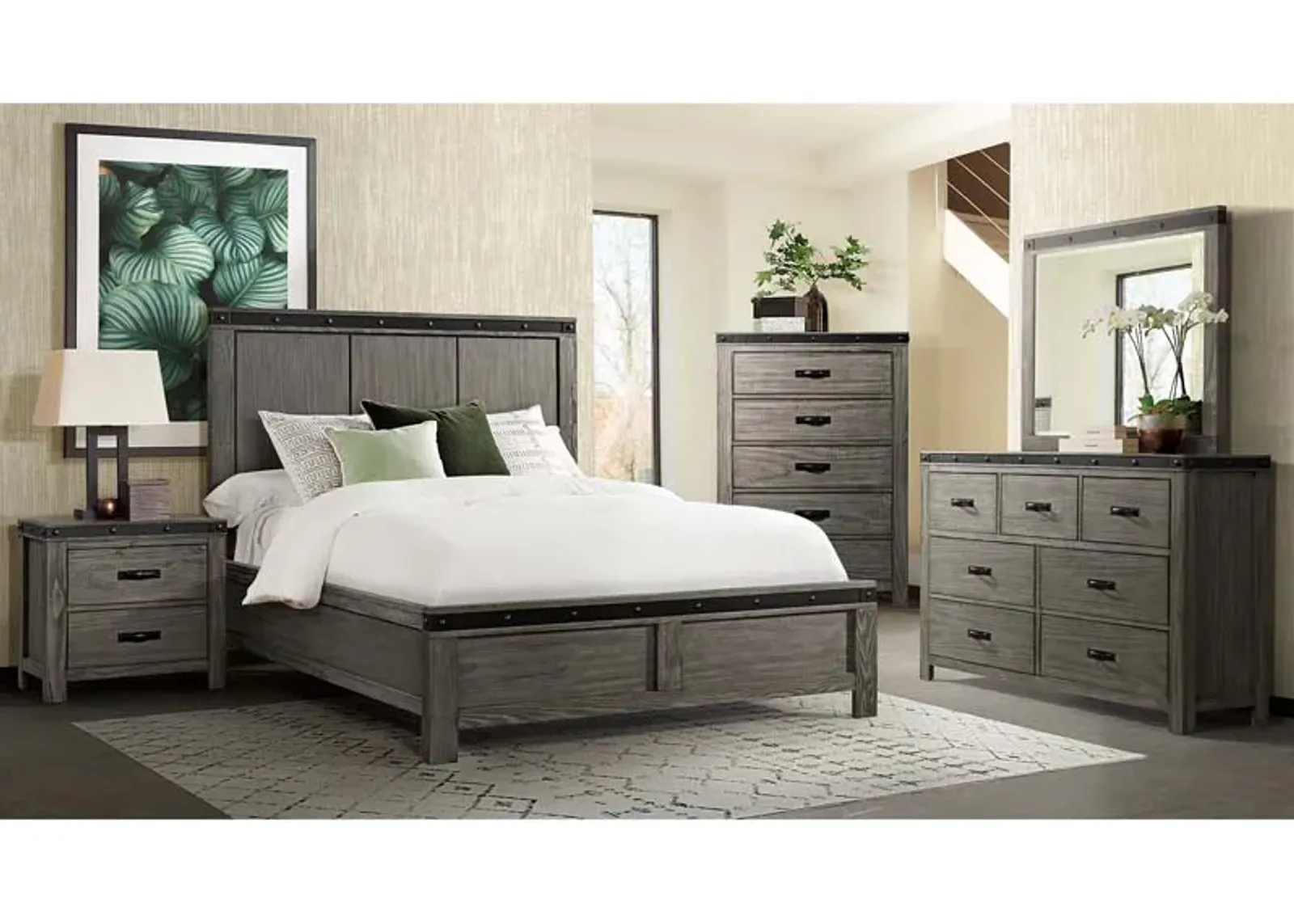 Wade Panel Bed, Dresser & Mirror in Gray, Eastern King